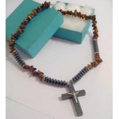 Silver Jesus Hematite Cross Pendant Tiger Eye Chip Stone Beads Choker Necklace
